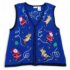 Vtg Bobbie Brooks Large Christmas Holiday Embroidered Vest Micro Knitted Grandma